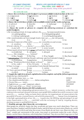 Đề kiểm tra chất lượng lớp chuyên đề môn Tiếng Anh 10 - Năm học 2017-2018 - Trường THPT Liên Sơn